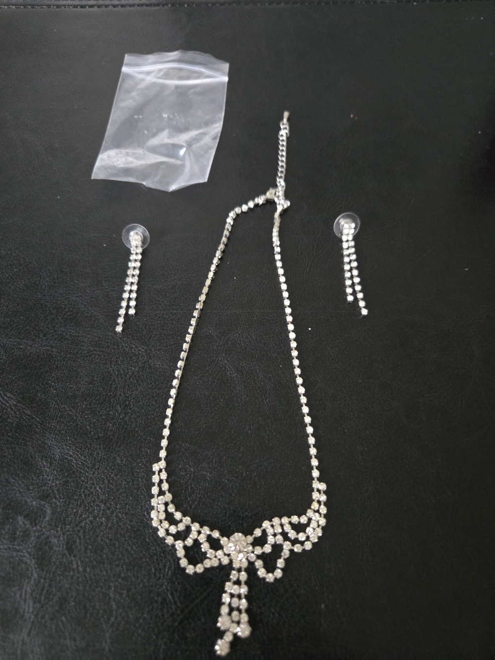 Silver Crystal Bow Drop Necklace with Matching Earrings